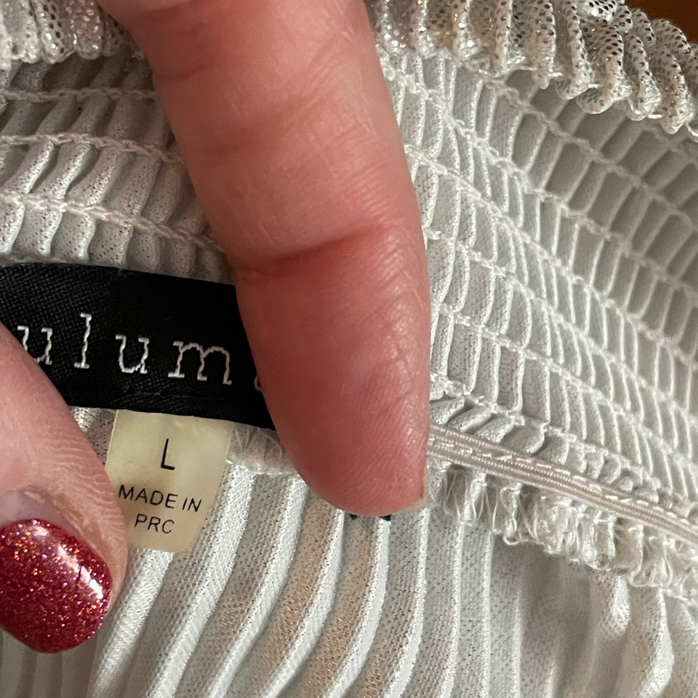 Anthropologie Lulumari shimmer silver elastic on off shoulder pleat blouse sz LG - Picture 14 of 15